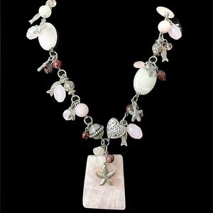 Vintage Rose Quartz Chunky Charm Necklace Silver Tone
